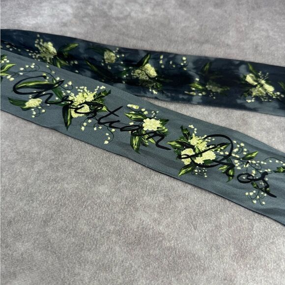 Christian Dior Mitzah Gray Floral Blue Silk Scarf Twilly - Picture 4 of 10